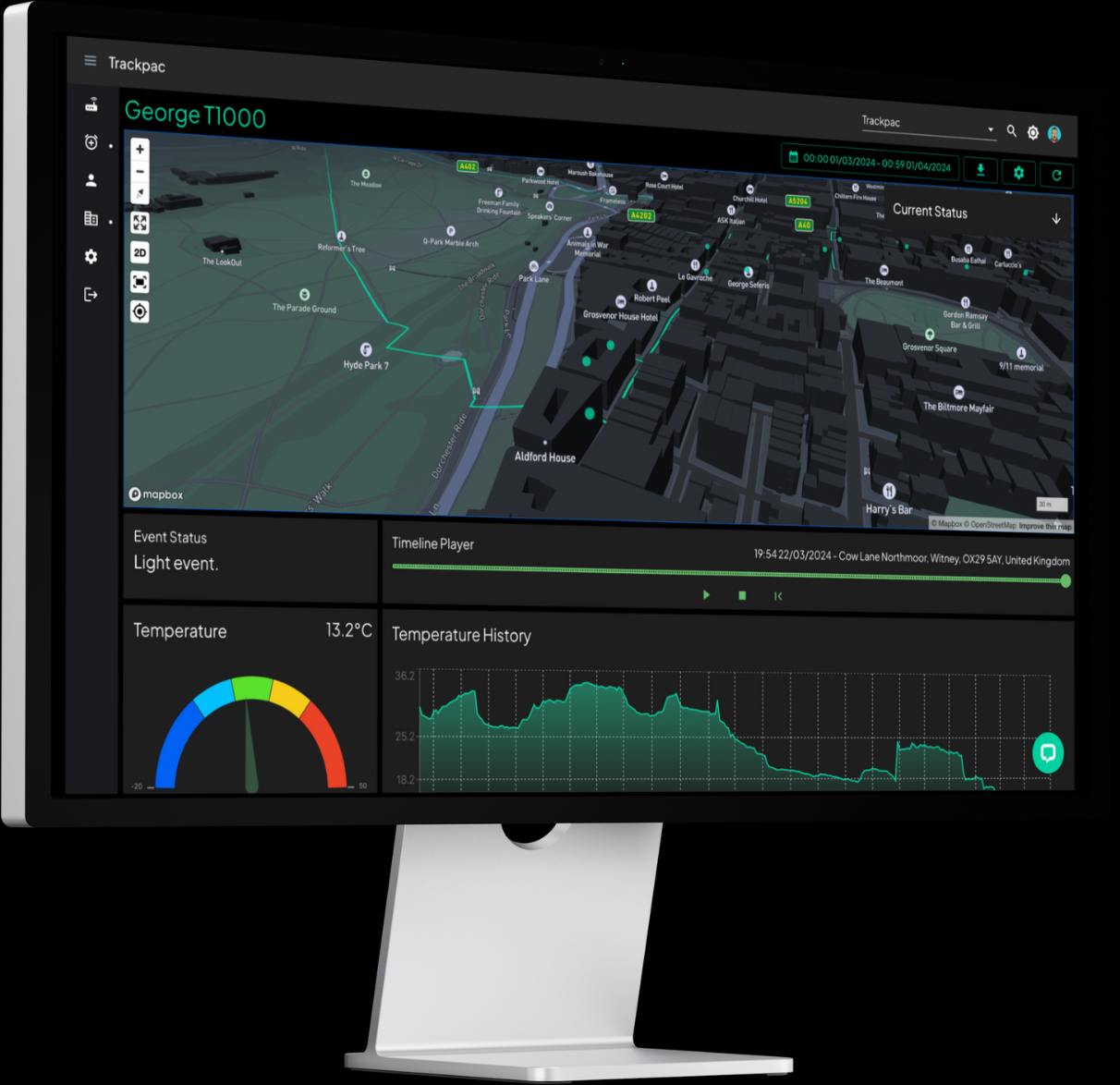 Asset Tracking Map preview with current location marker, polygon line for history, play controls and current status window