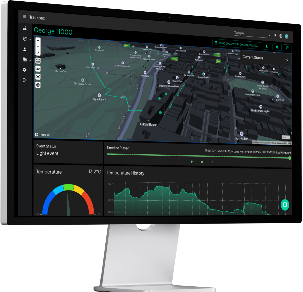 Asset Tracking Map preview with current location marker, polygon line for history, play controls and current status window